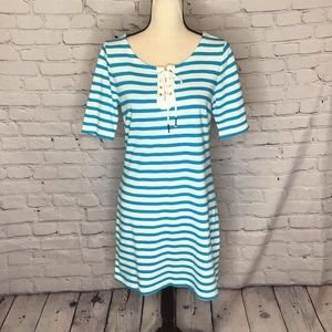 GAP Factory White Turquoise Striped Short Sleeve Dress Medium